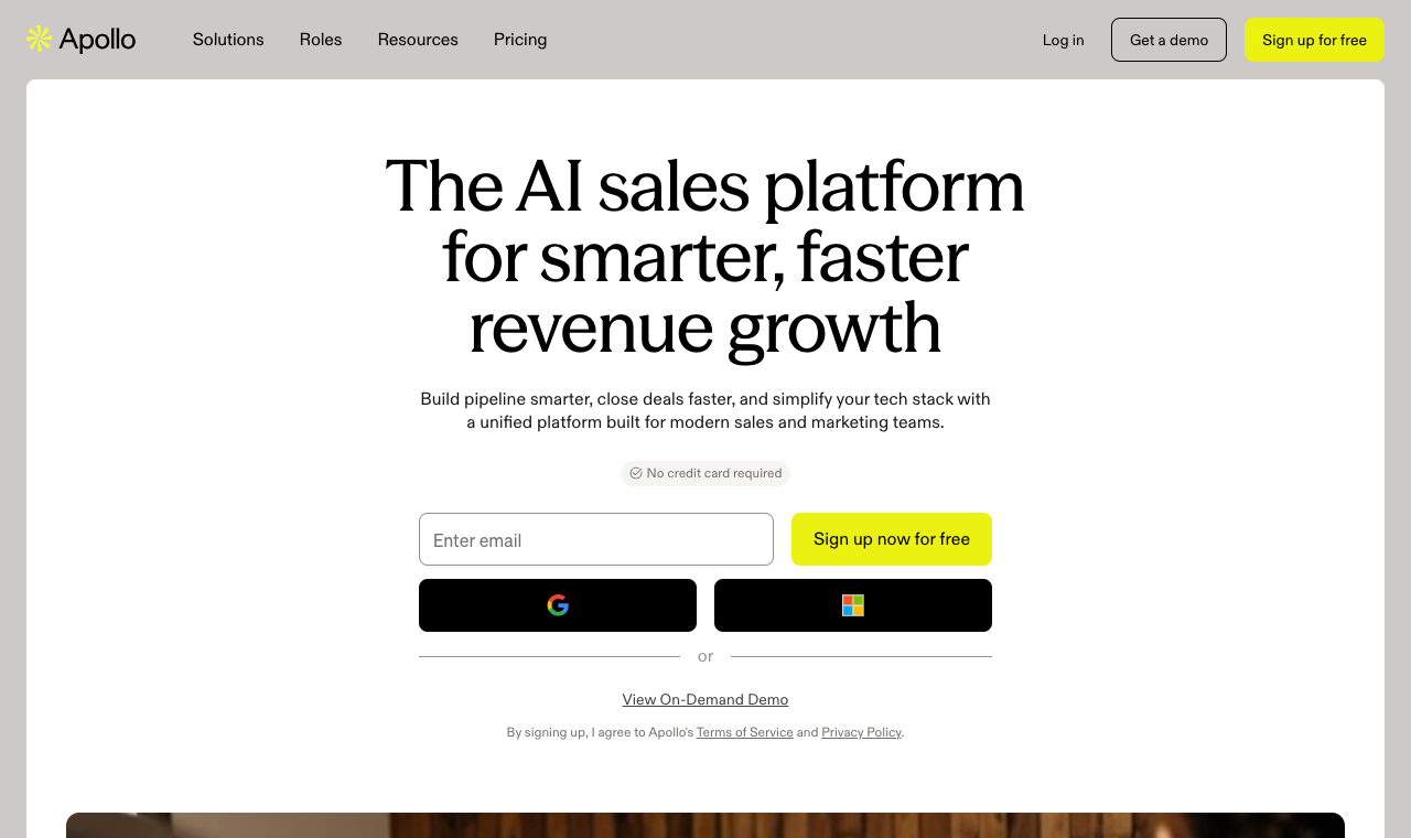 Apollo.io homepage showing its B2B database and sales platform