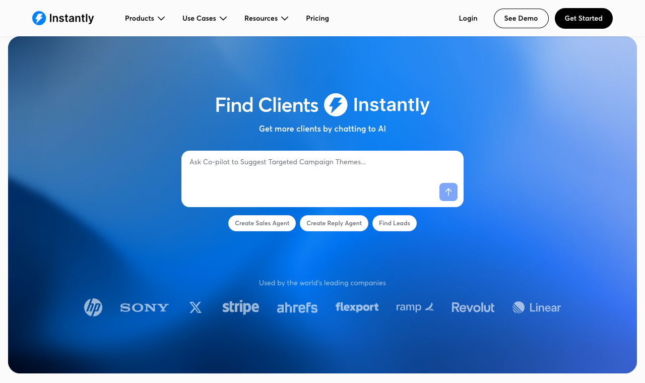 Instantly.ai homepage, the baseline this article compares alternatives against