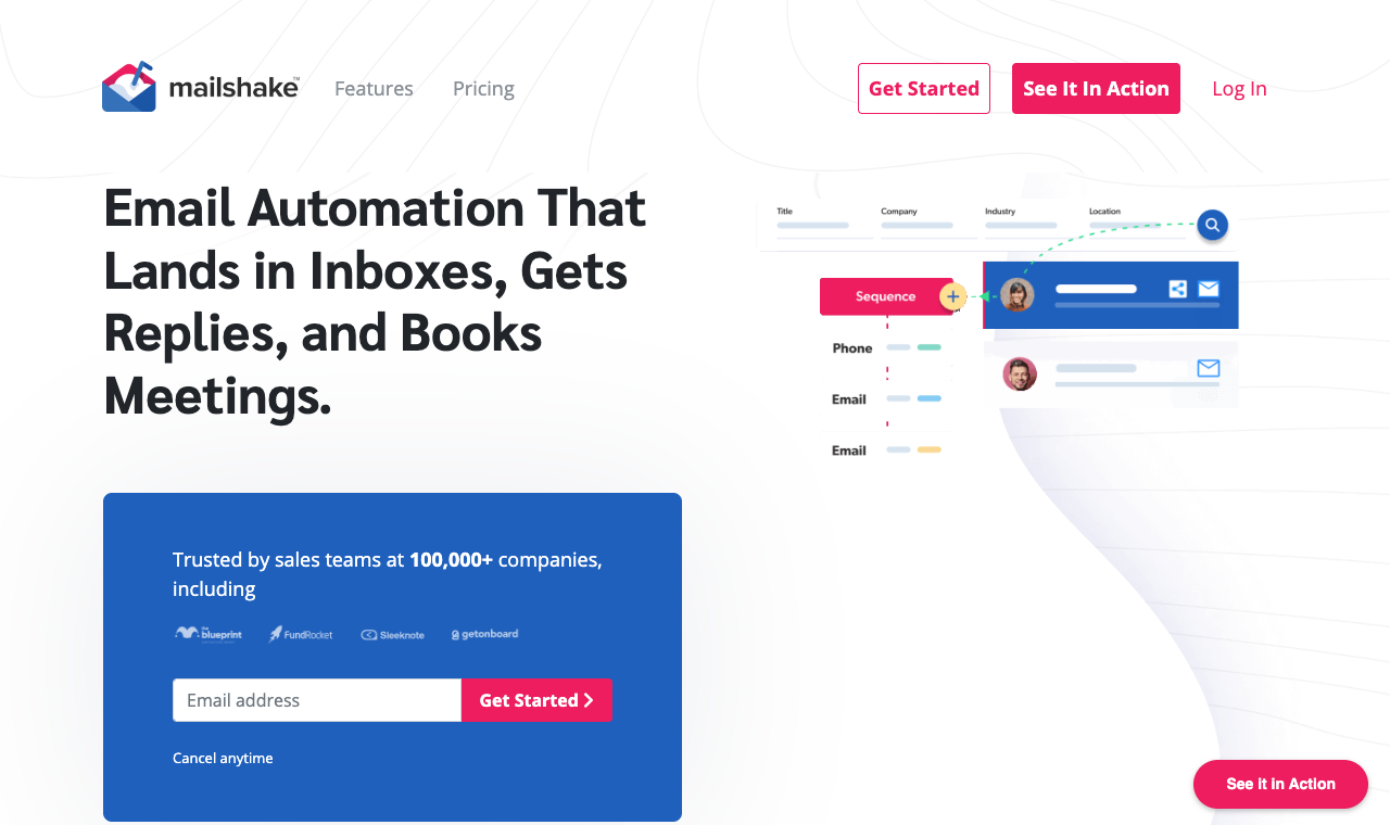 Mailshake homepage showing its sales engagement platform