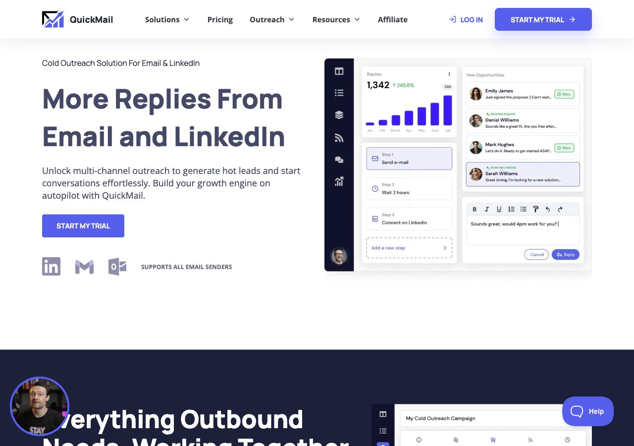 QuickMail homepage showing its cold email outreach platform