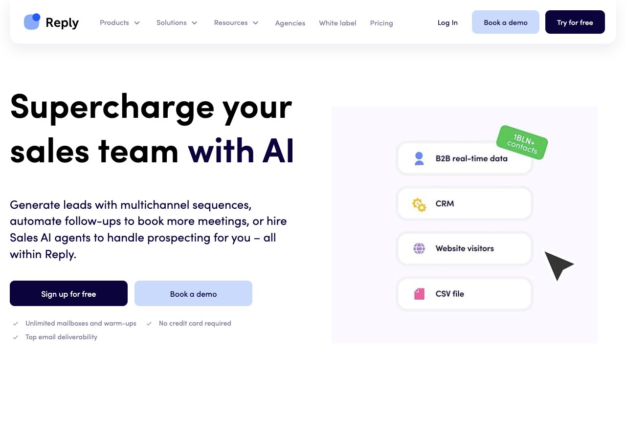 Reply.io homepage showing its AI-powered sales engagement platform