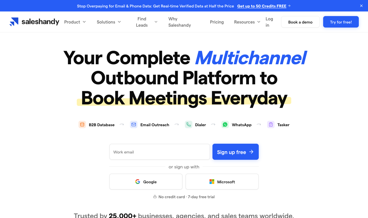 SalesHandy homepage showing its cold email outreach platform