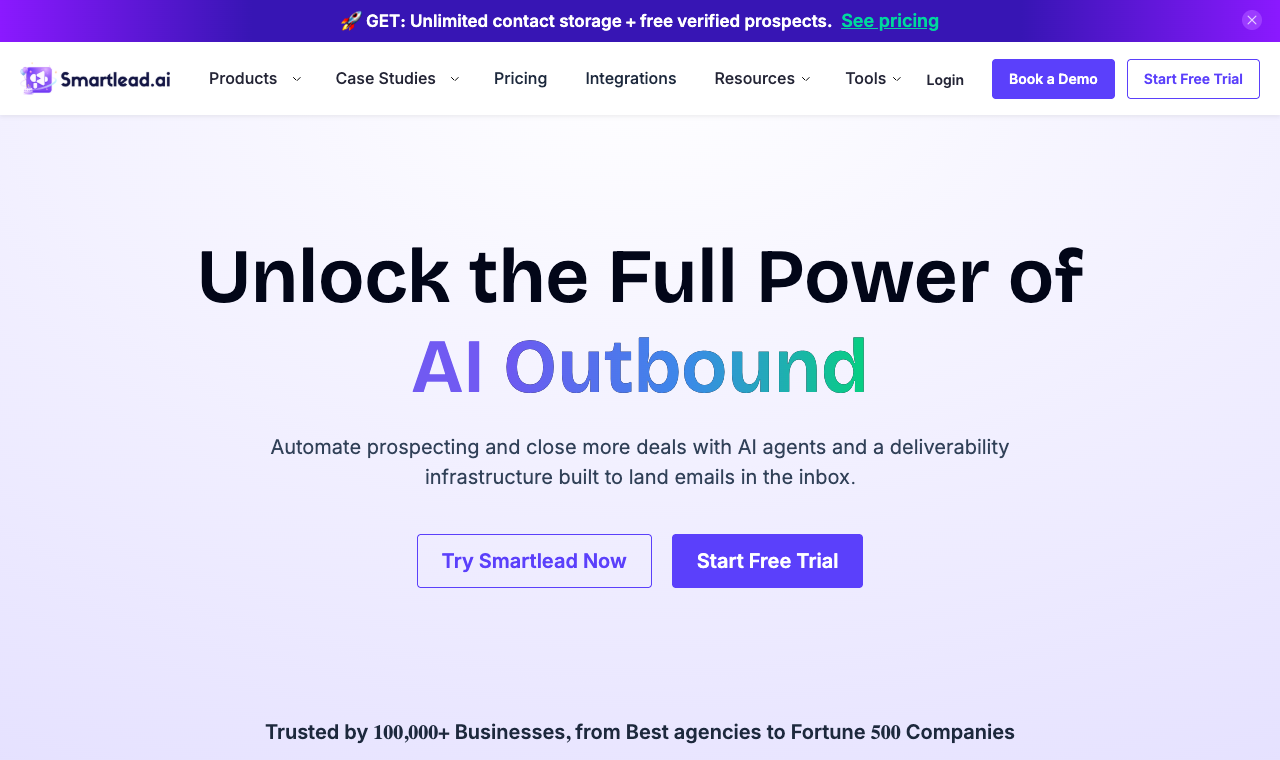 Smartlead homepage showing its cold email infrastructure platform