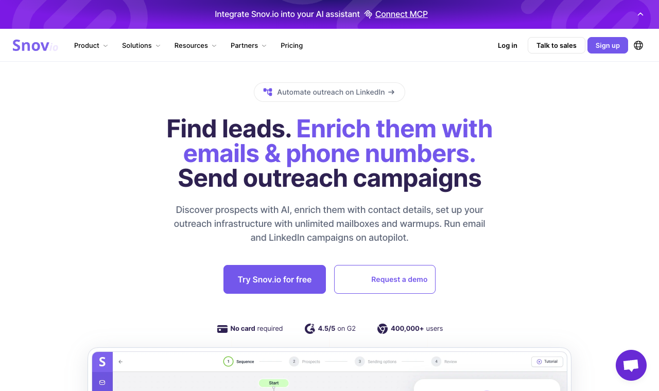Snov.io homepage showing its lead generation and cold outreach platform