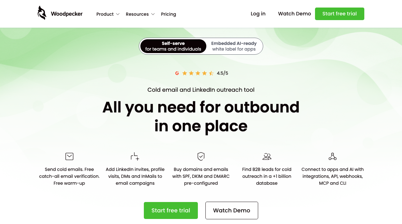Woodpecker homepage showing simple cold email automation