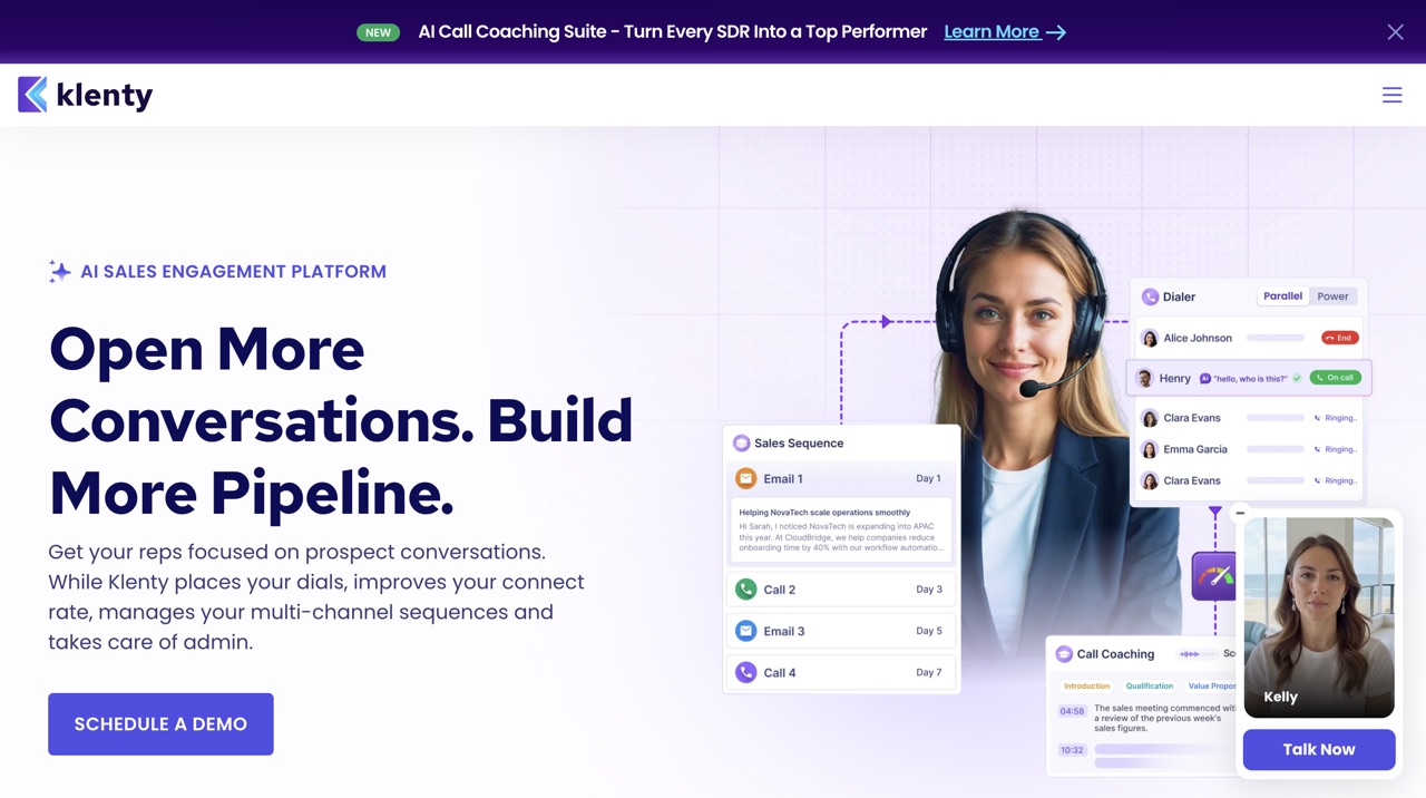 Klenty homepage showing its AI sales engagement and cadence platform