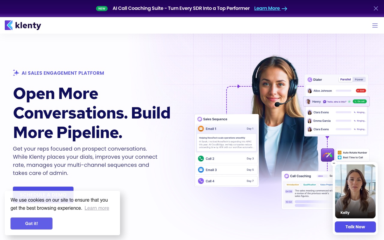Klenty homepage showing its sales engagement and calling platform