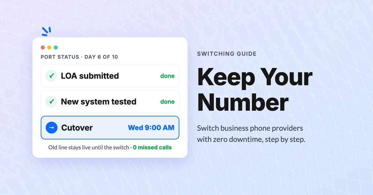Port status checklist showing a scheduled cutover and zero missed calls while switching business phone providers