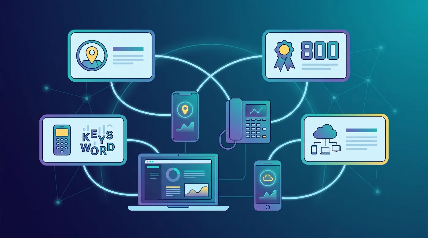 Distintos tipos de números de teléfono para empresas mostrados en dispositivos