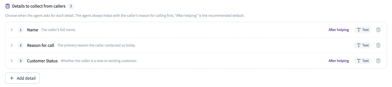 dialnote AI agent setup screen, Details to collect from callers, where you list the questions the AI asks every caller