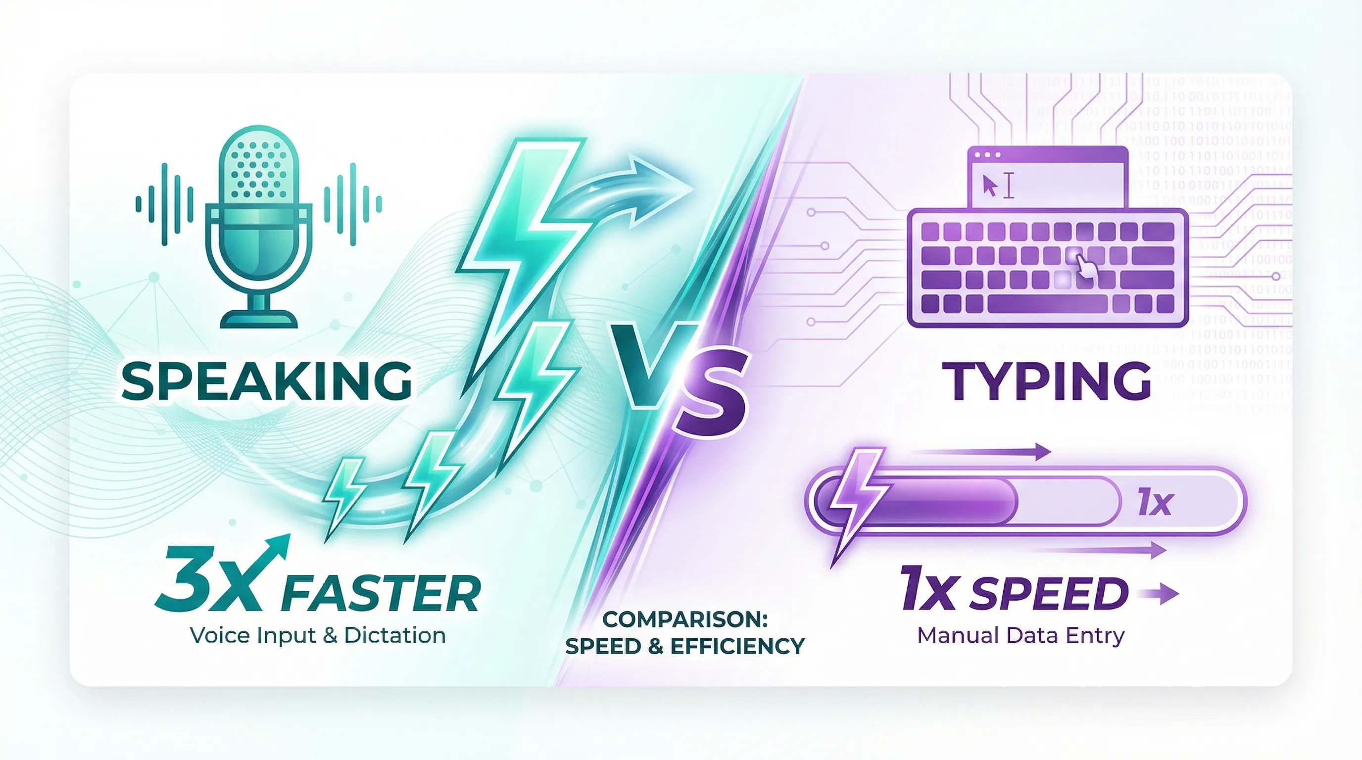 Infographic comparing speaking (3x faster) vs typing speed