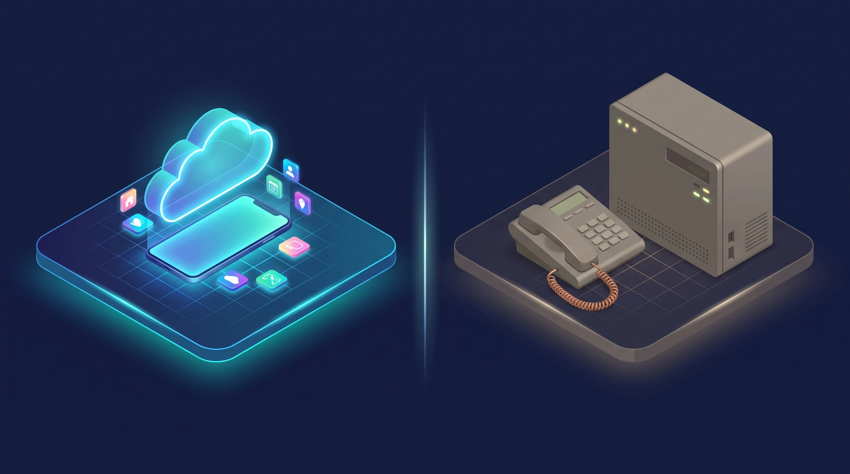 Comparación dividida que muestra un sistema VoIP en la nube frente a hardware de teléfono tradicional