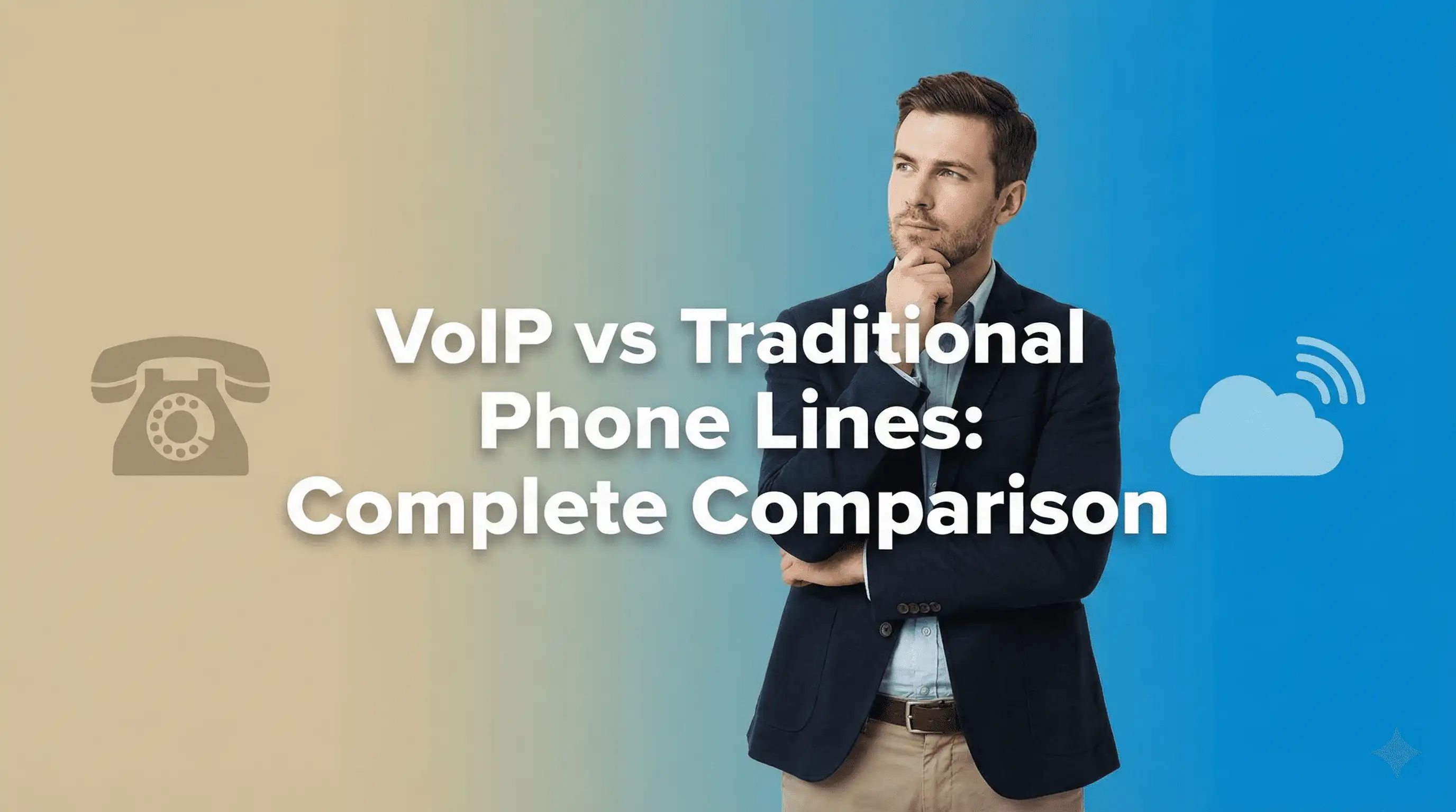 Split comparison showing VoIP cloud system versus traditional phone hardware