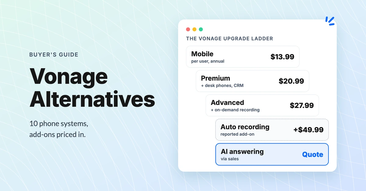 Vonage alternatives: the Vonage upgrade ladder from Mobile at $13.99 to Premium at $20.99 and Advanced at $27.99 per user, plus $49.99 for automatic recording and an AI quote