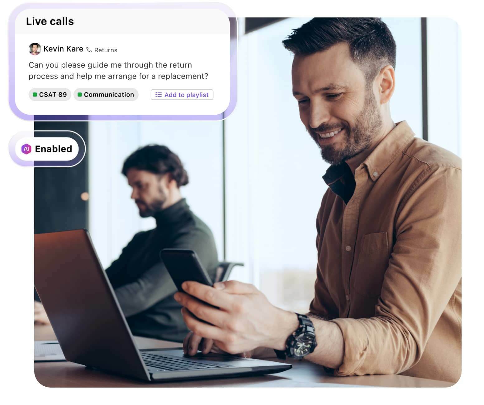 A contat center agent using a mobile phone