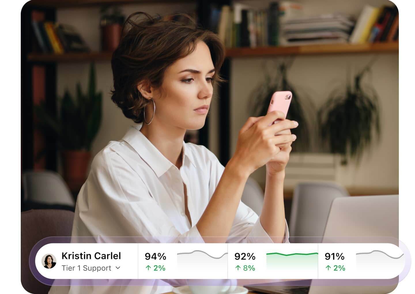 A female contact center agent using a mobile device