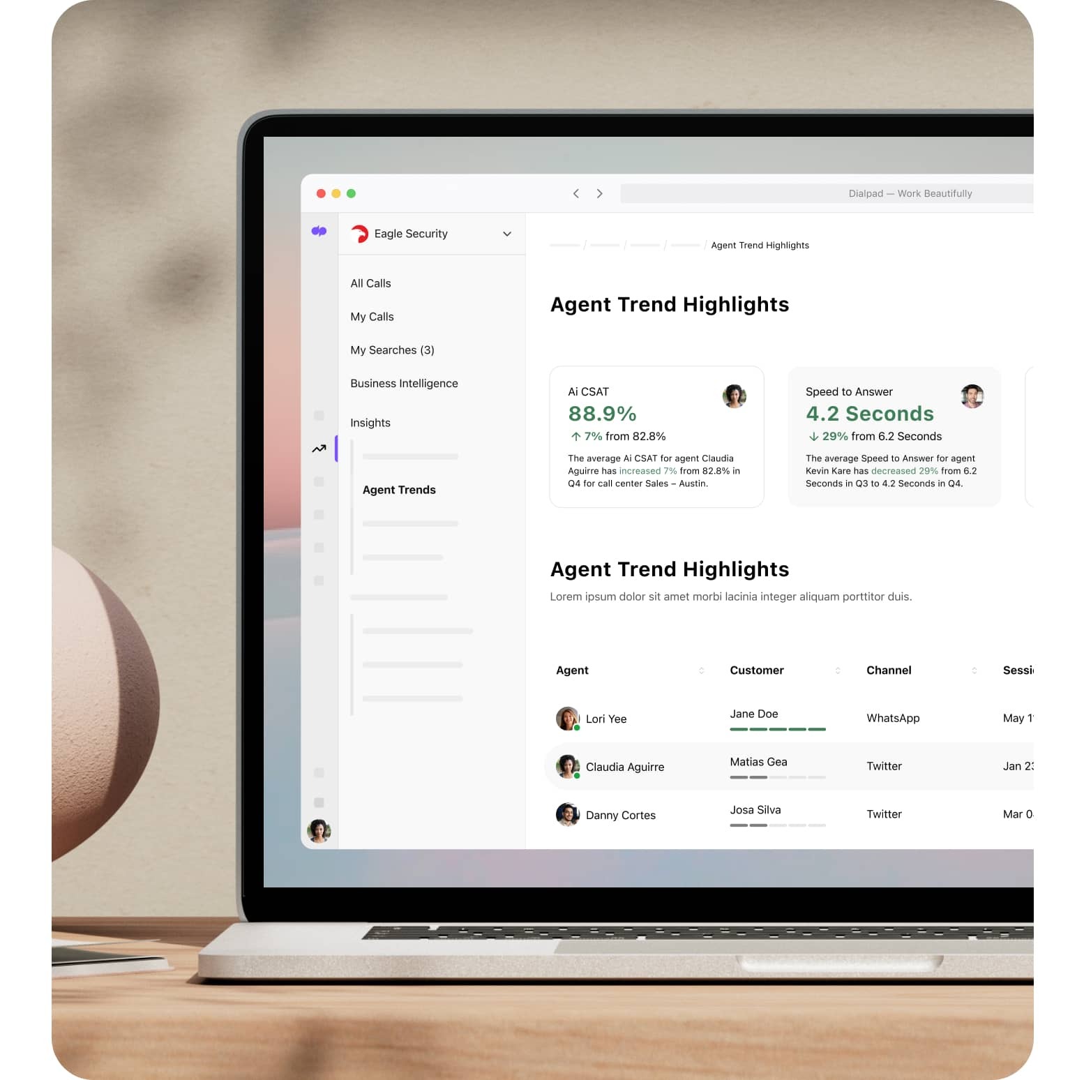 A laptop showing the Agent Trends UI of the Dialpad app