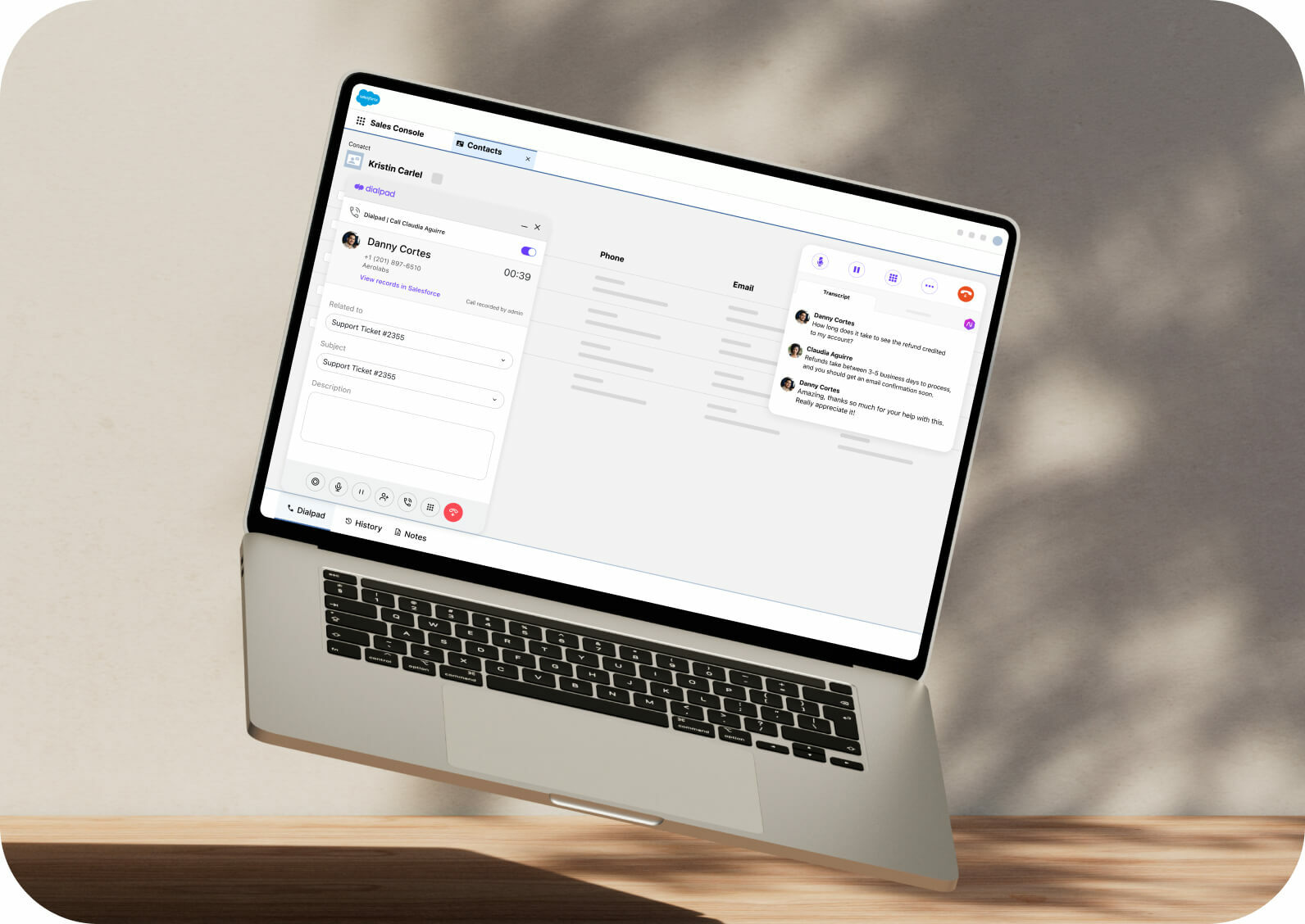 A laptop showing the Dialpad integration with Salesforce