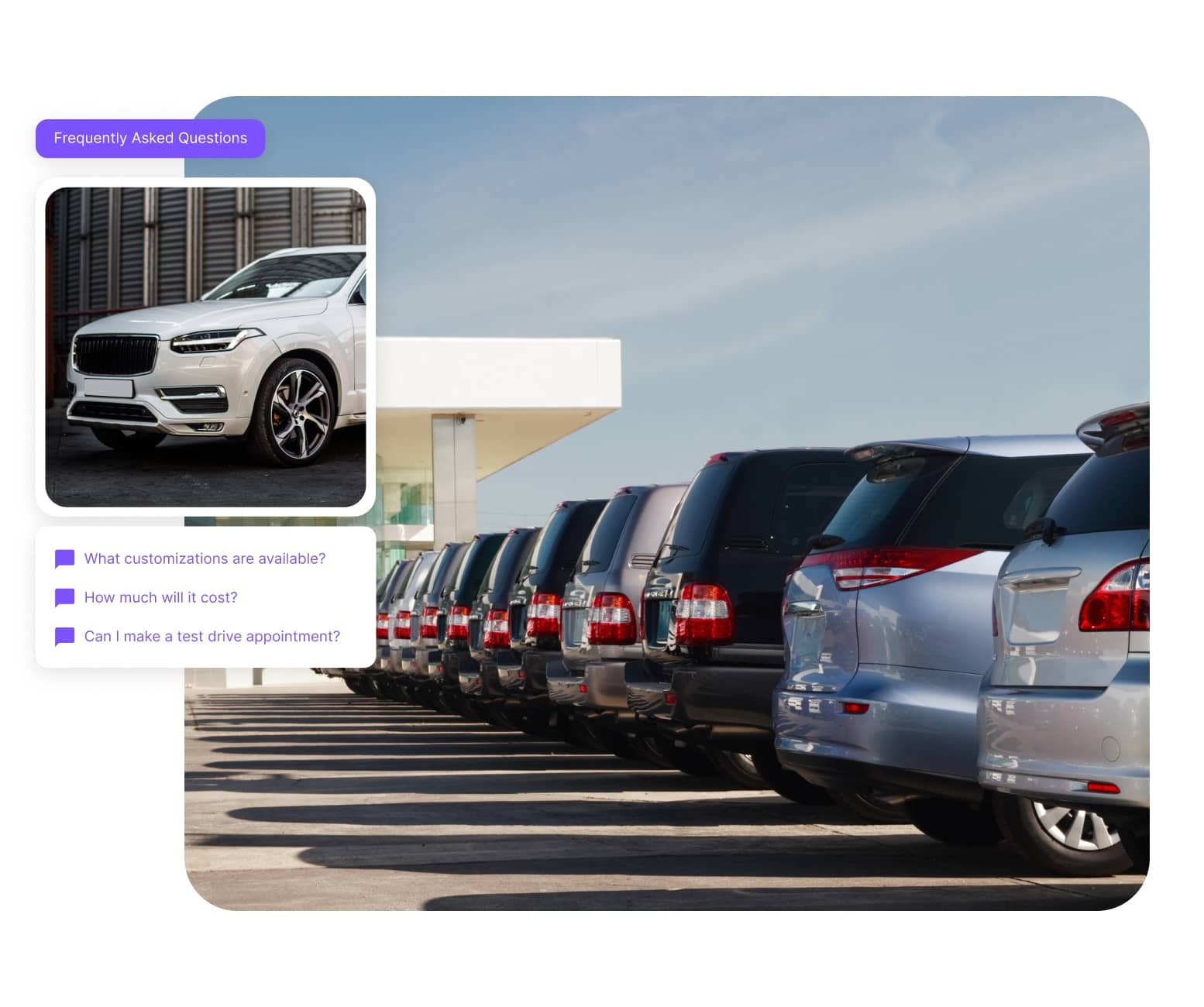 Automotive industry - picture of cars and screenshot of FAQs UI