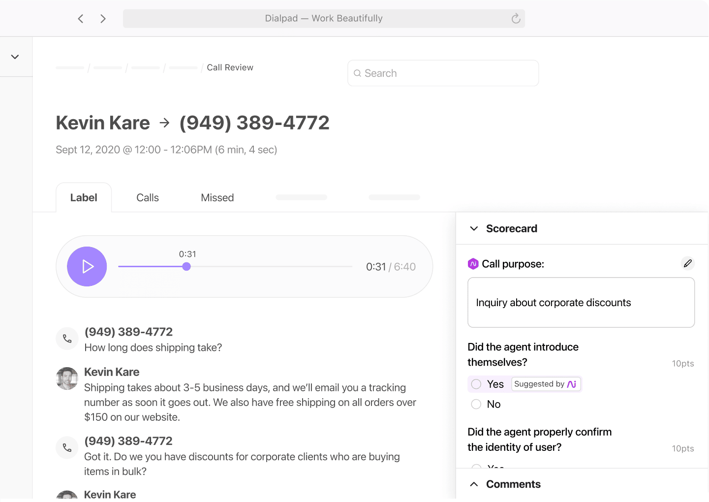Dialpad Ai Scorecard showing which part of the call an agent met the criteria single item card