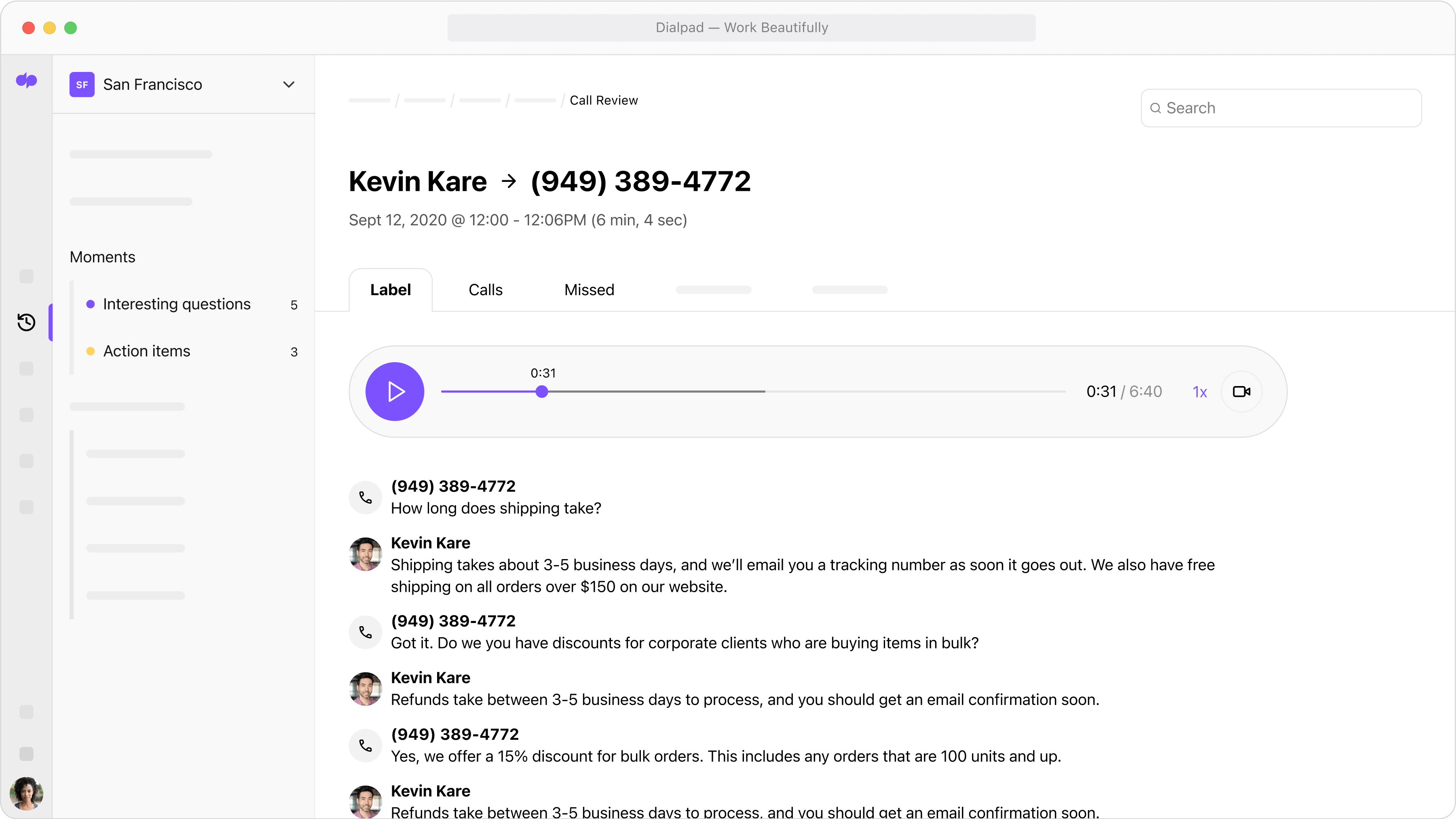 Screenshot of Dialpad's call review user interface