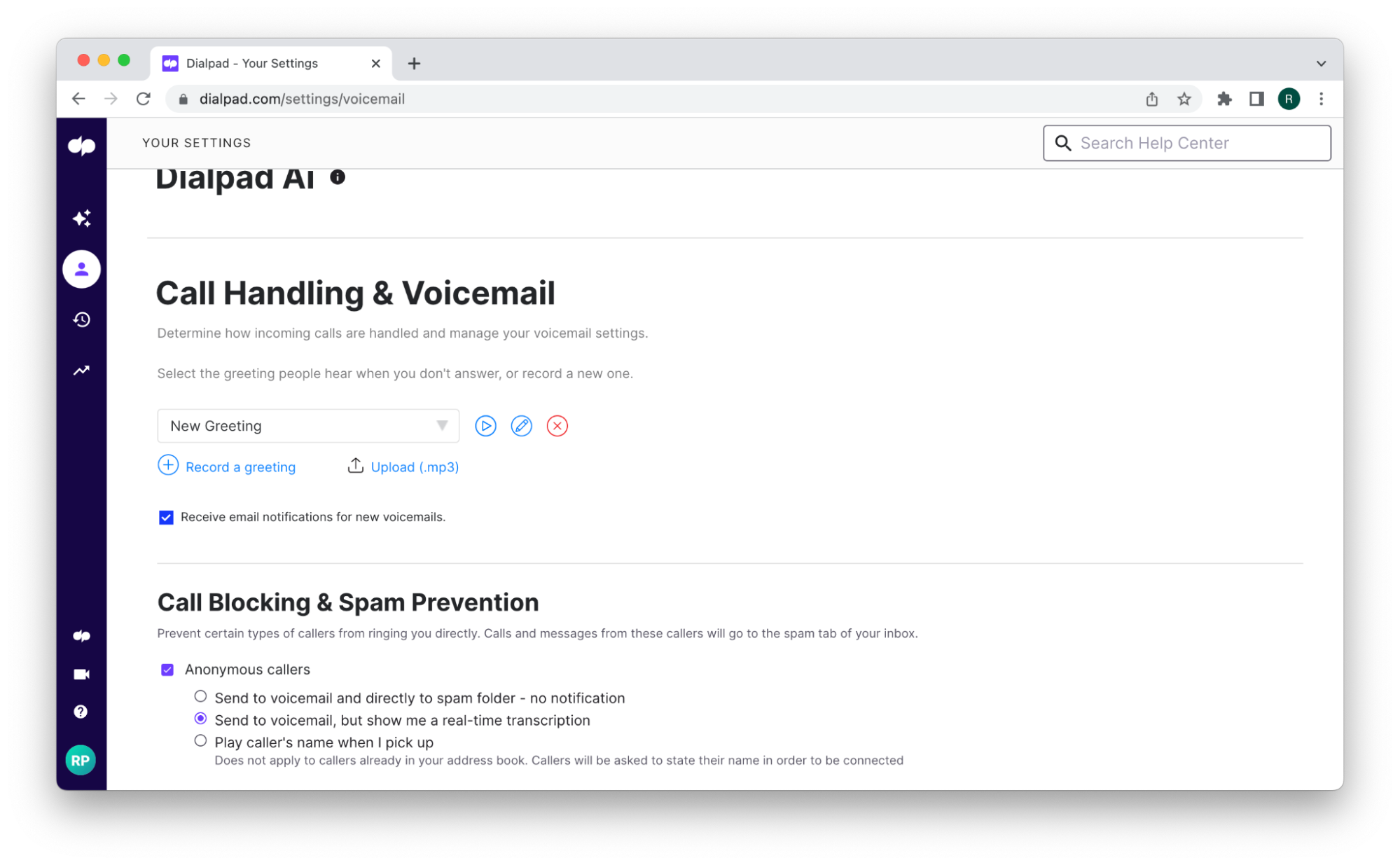 Dialpad Voicemail settings