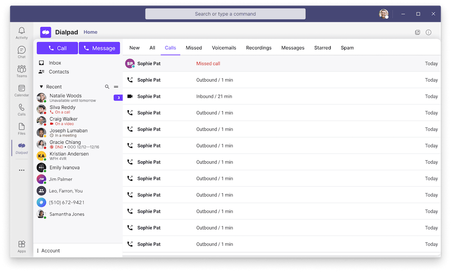 List of calls in Dialpad inside Microsoft Teams