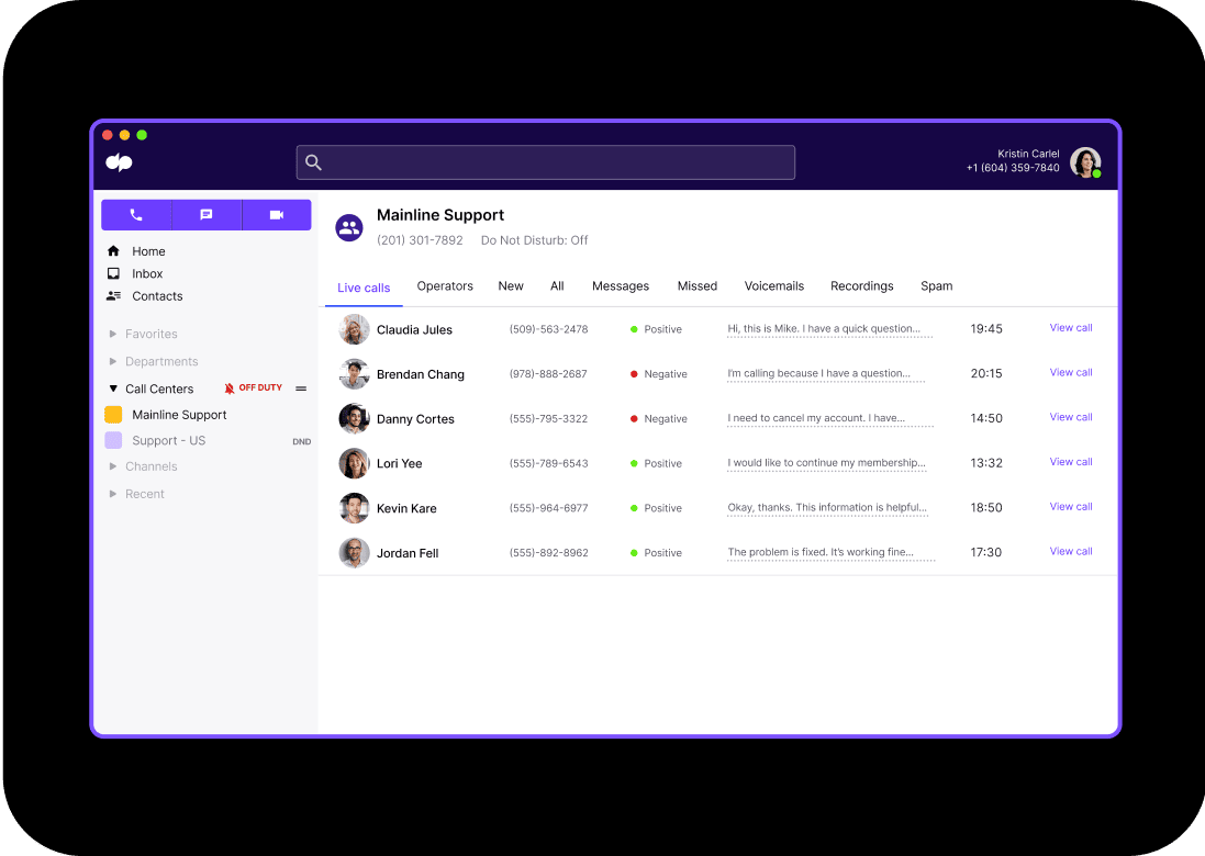 Live calls UI