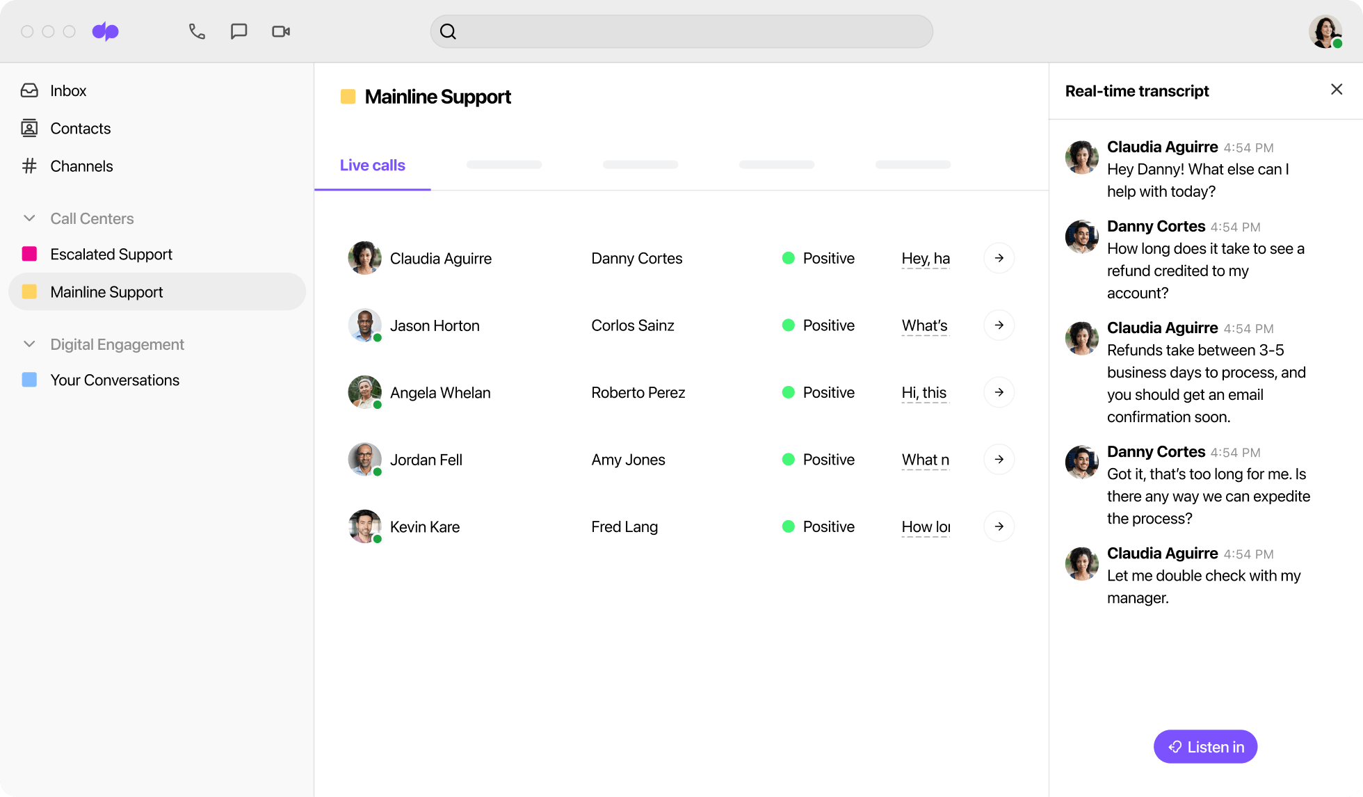 Live calls UI