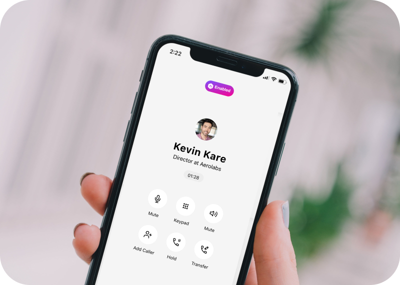 Mobile device showing the screen of an ongoing call made via the Dialpad app