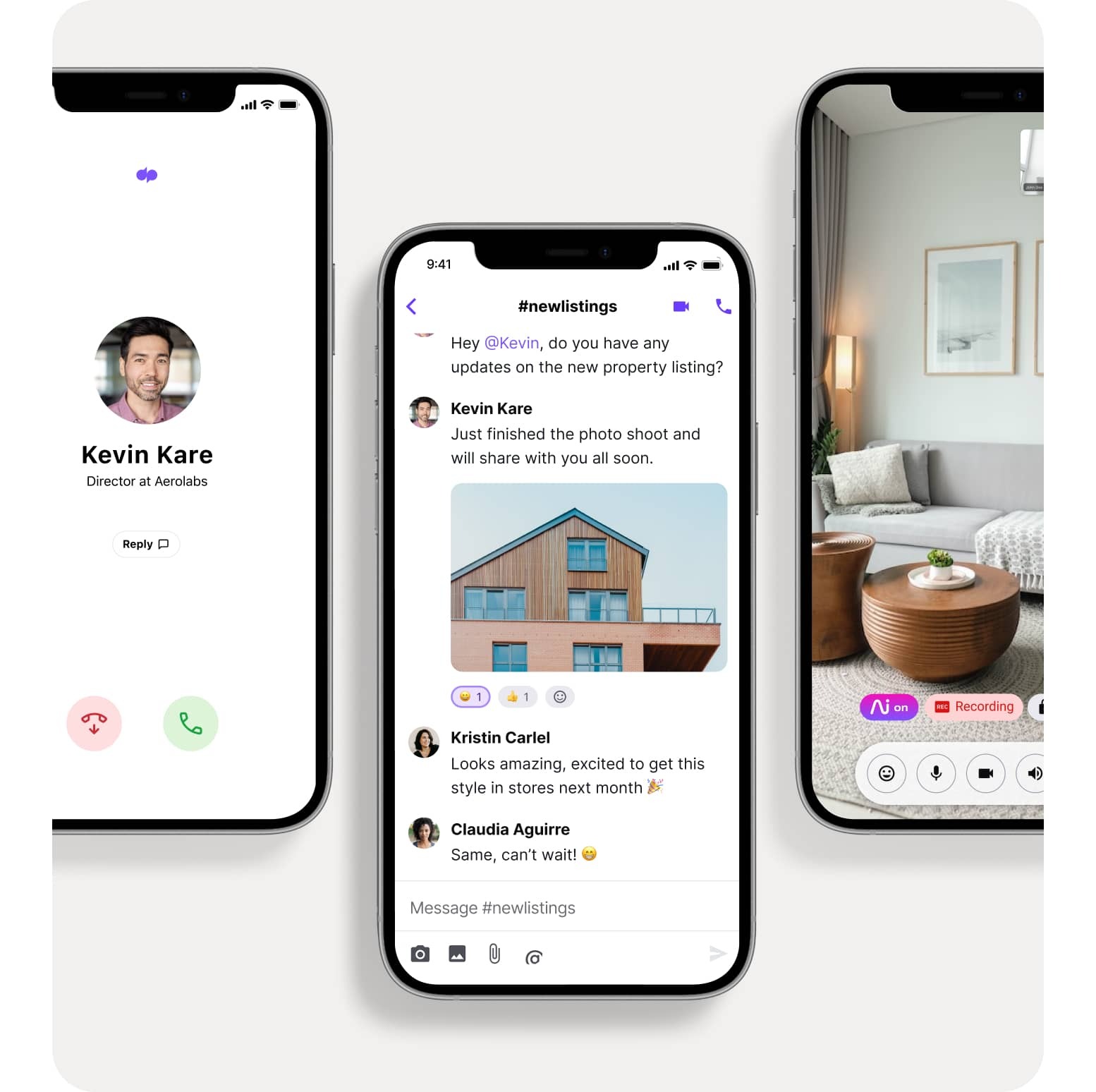 Three mobile phones showing Dialpad's mobile app user interface