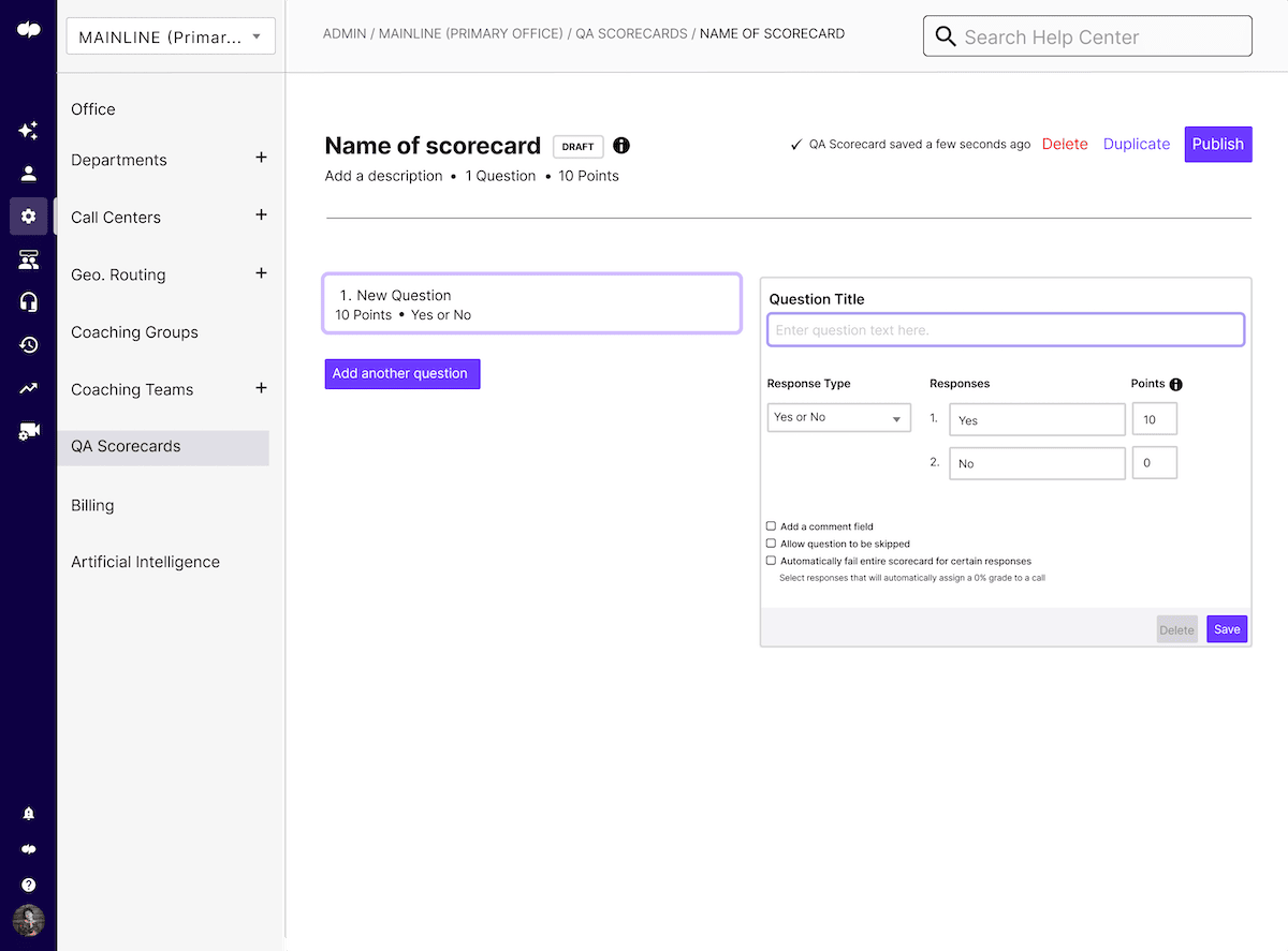 QA scorecard setup