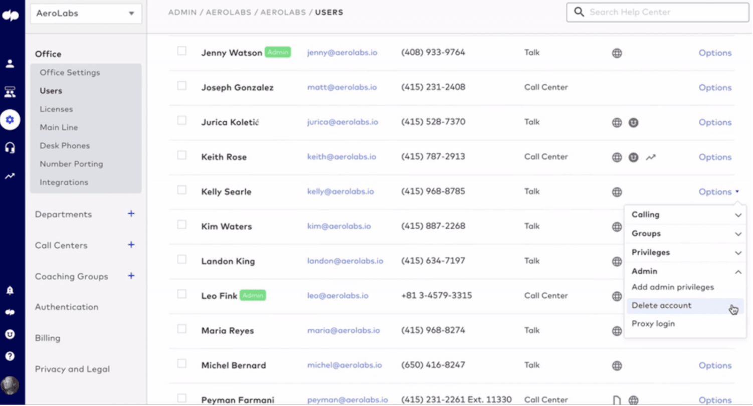 Remove account in Dialpad