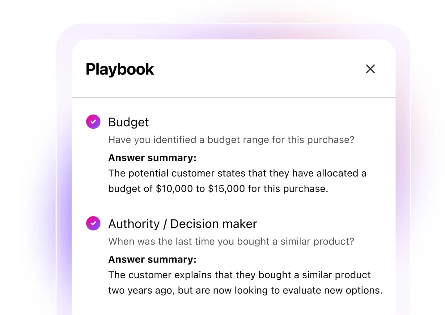 Screenshot of Ai based insights provided by Dialpads Ai Playbooks feature
