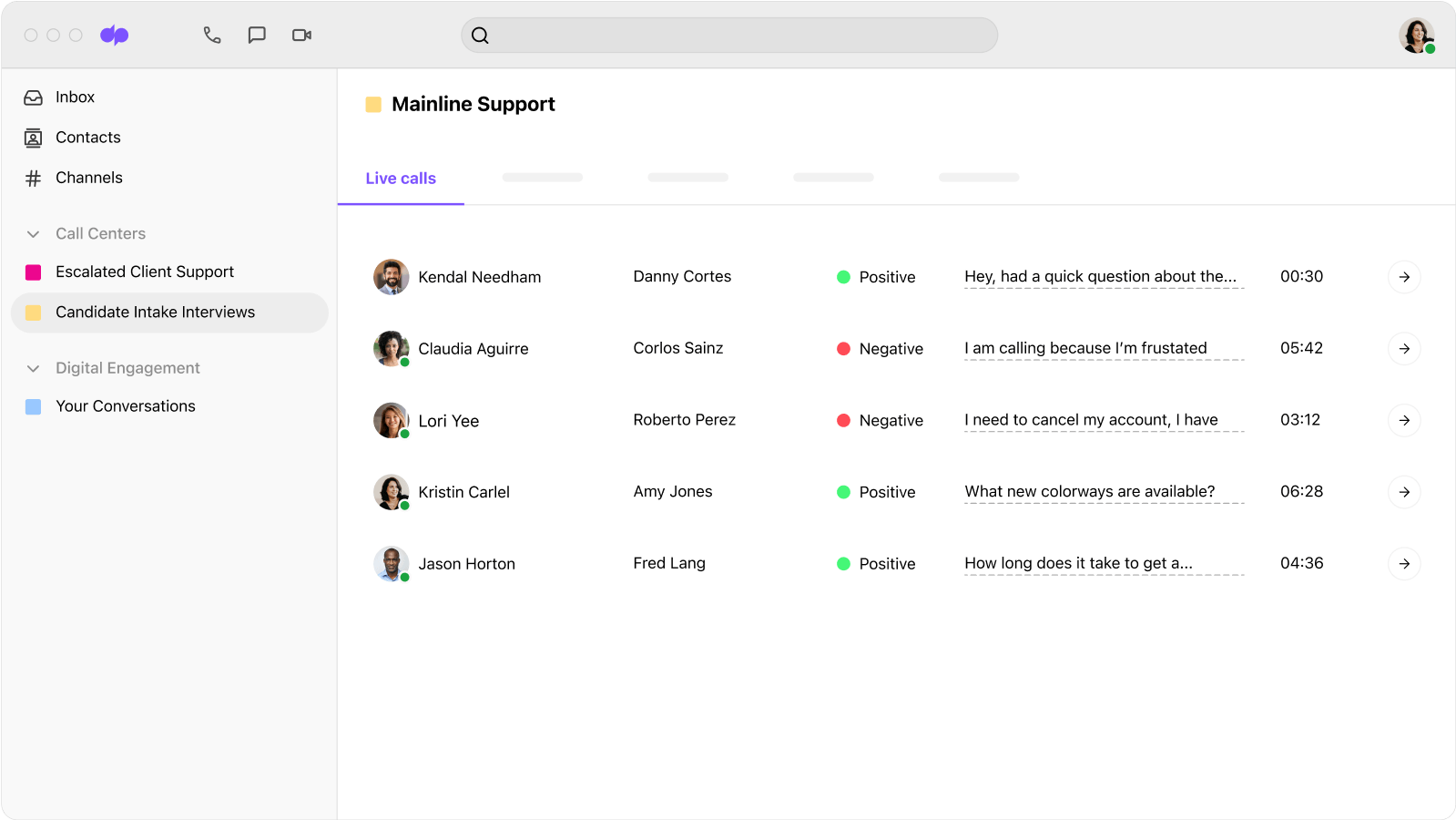 Screenshot of Dialpad Ai analyzing the sentiment of multiple calls in real time Knock out recruiting