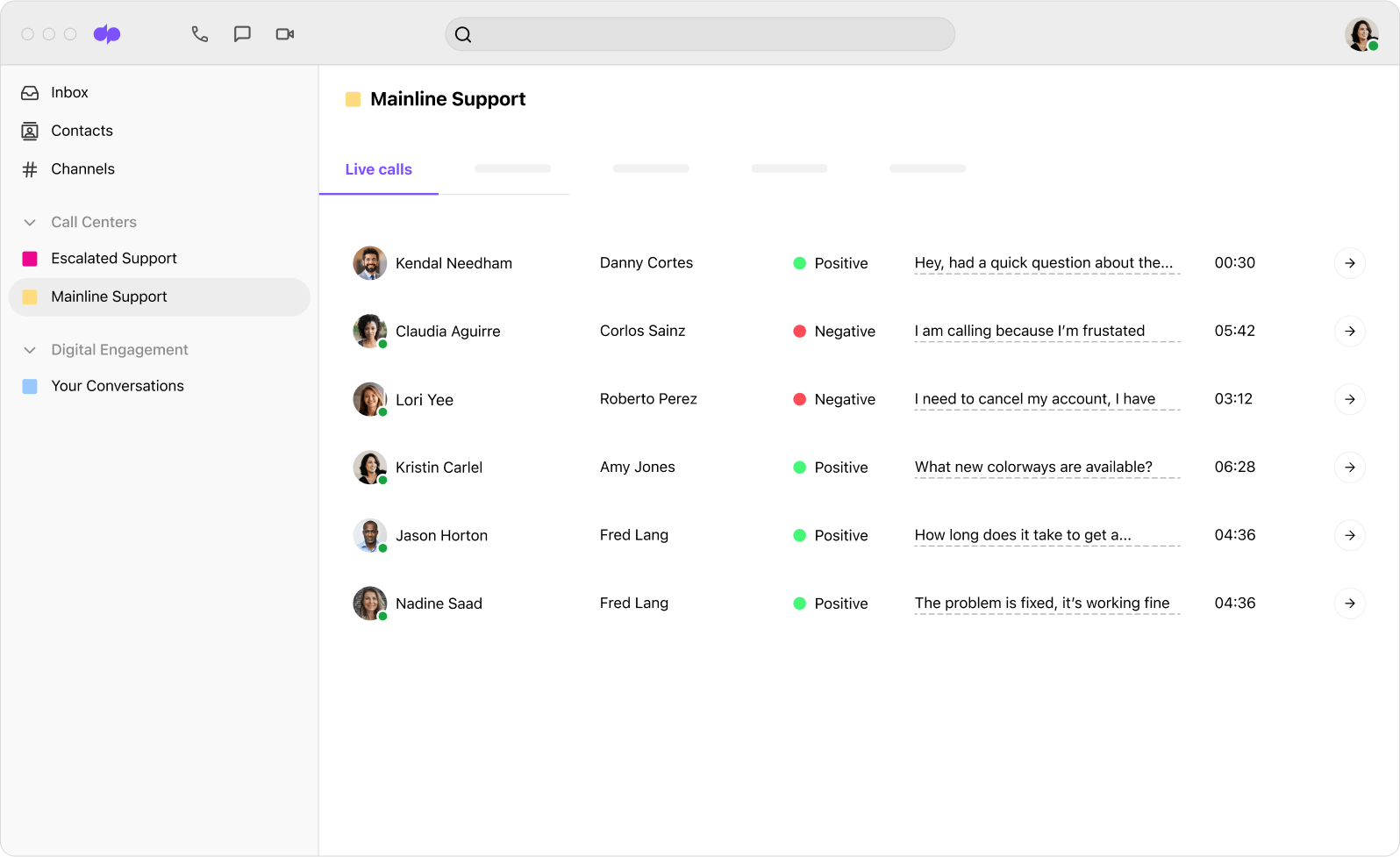 Screenshot of Dialpad Ai analyzing the sentiment of multiple calls in real time