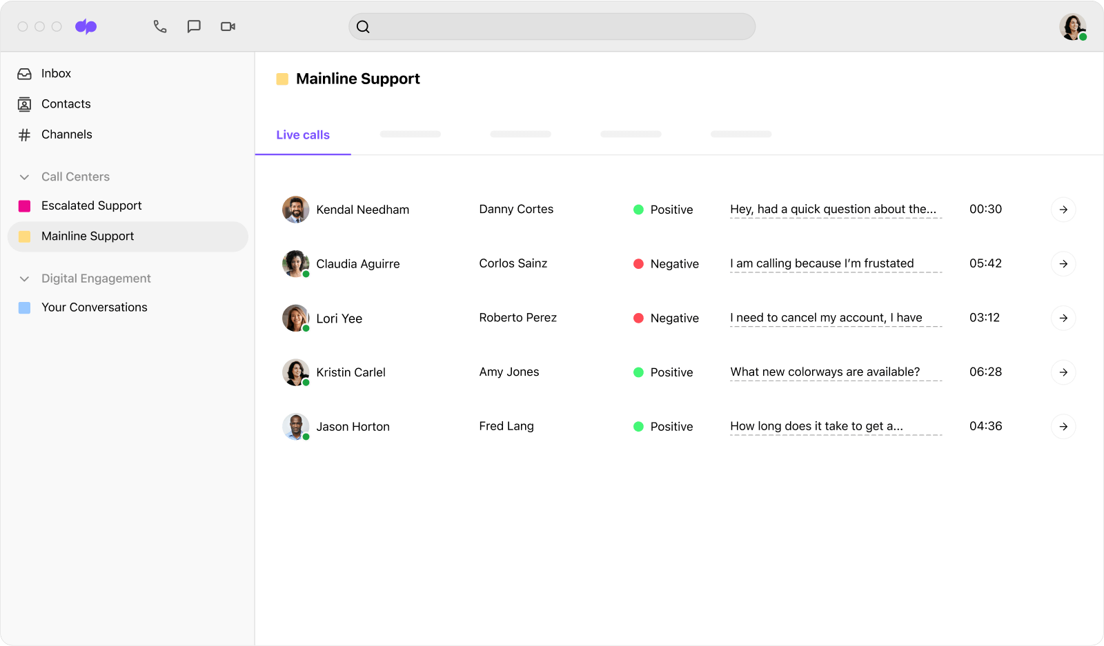 Screenshot of Dialpad Ai analyzing the sentiment of multiple calls in real time
