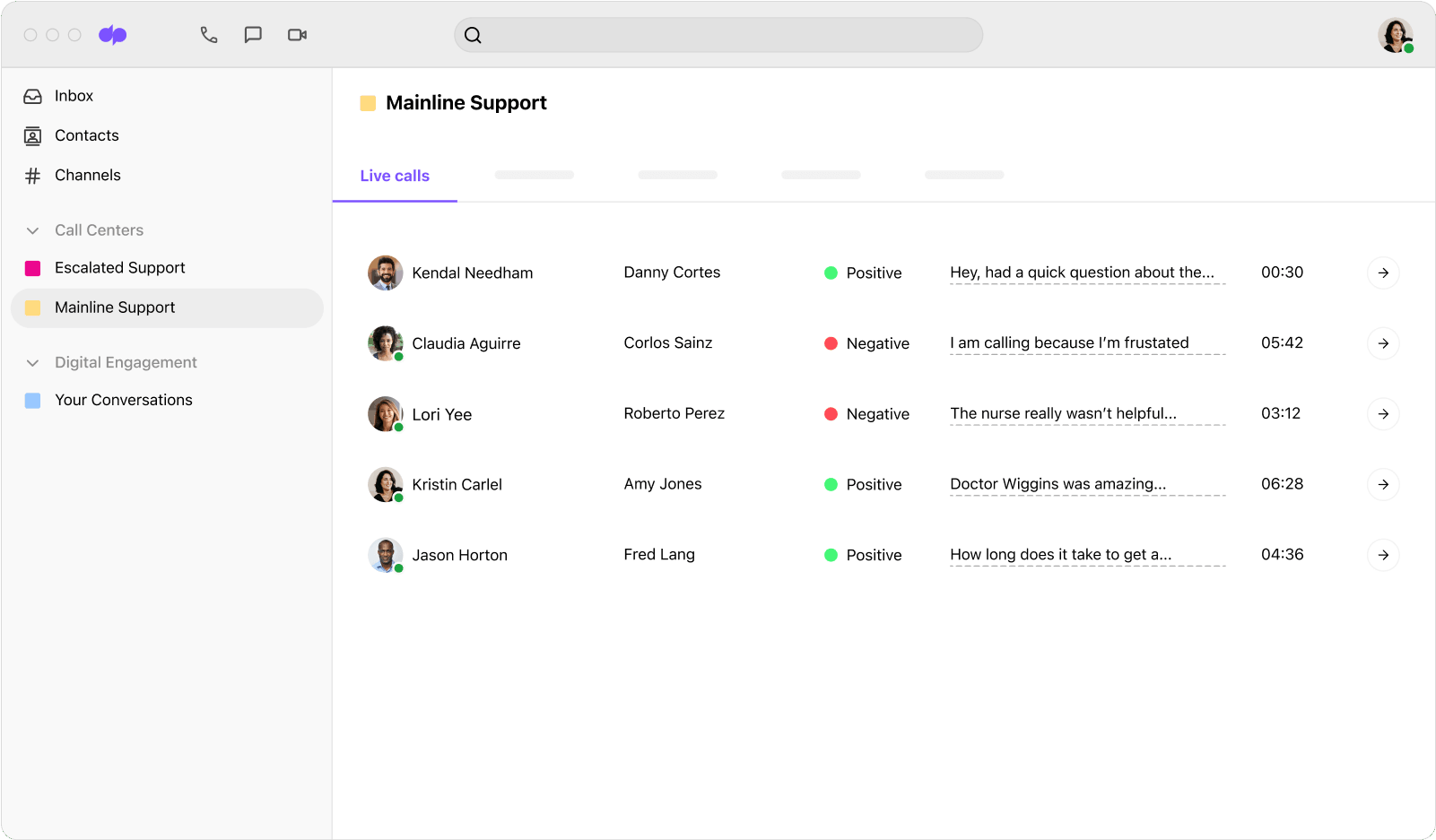 Screenshot of Dialpad Ai analyzing the sentiment of multiple calls in real time