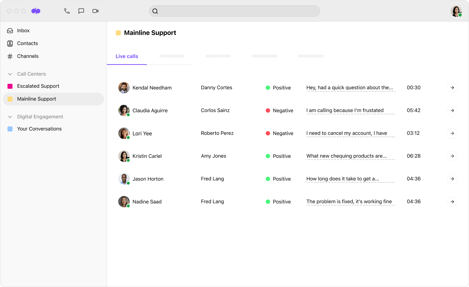 Screenshot of Dialpad Ai analyzing the sentiment of multiple calls in real time