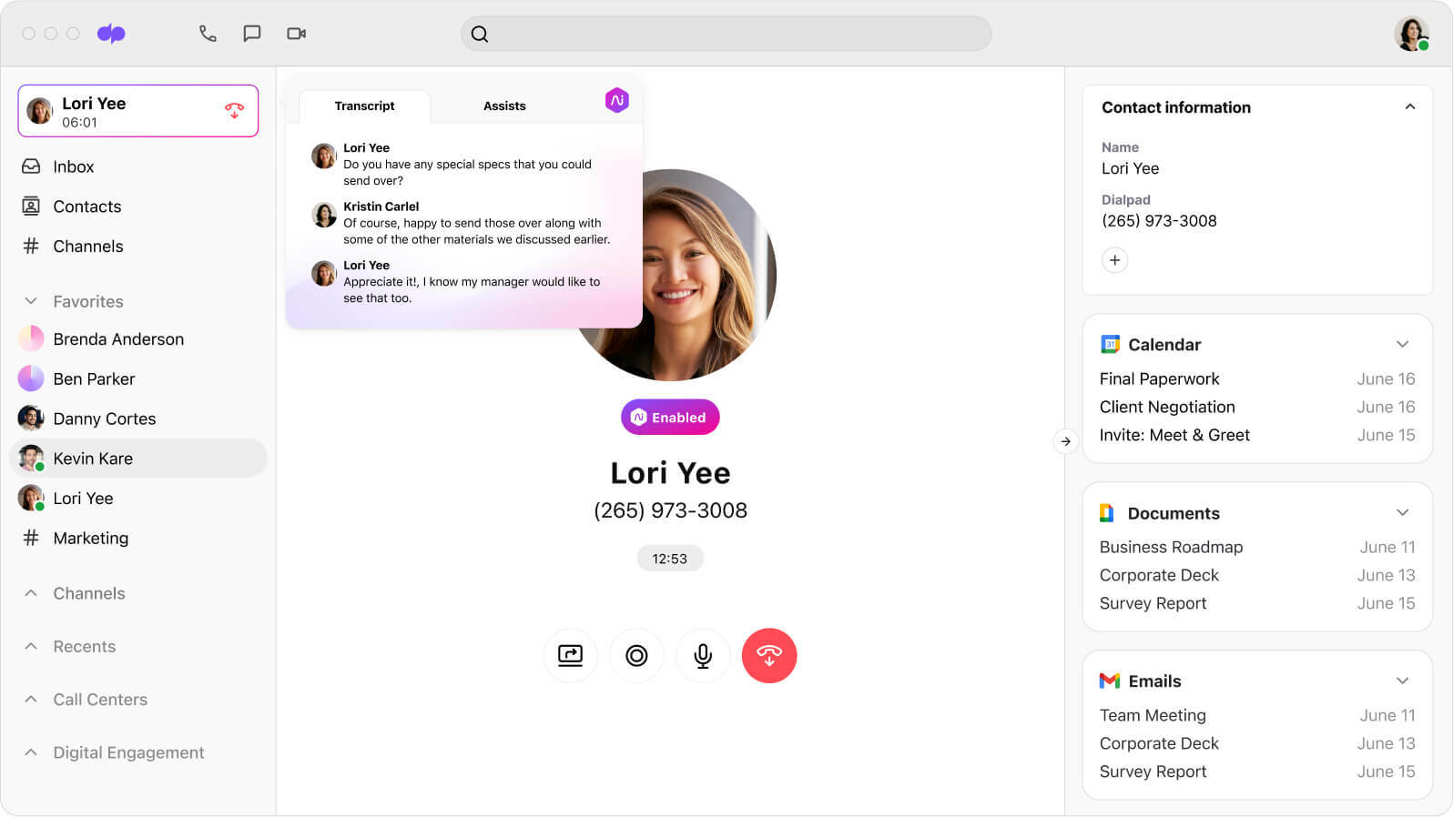 Screenshot of Dialpad Ai transcribing a call in real time