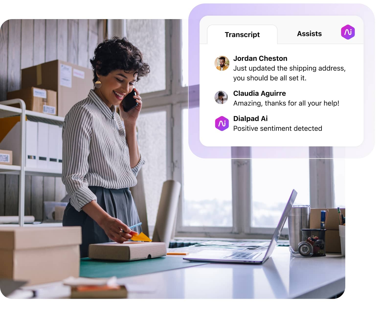 Screenshot of Dialpad Ai transcribing a phone call in real time AI SEM landing page