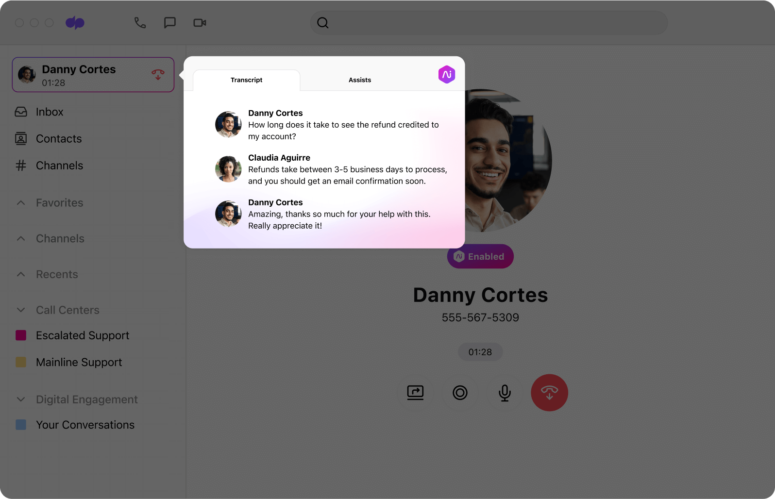 Screenshot of Dialpad Ai transcribing a phone call in real time Arts Way