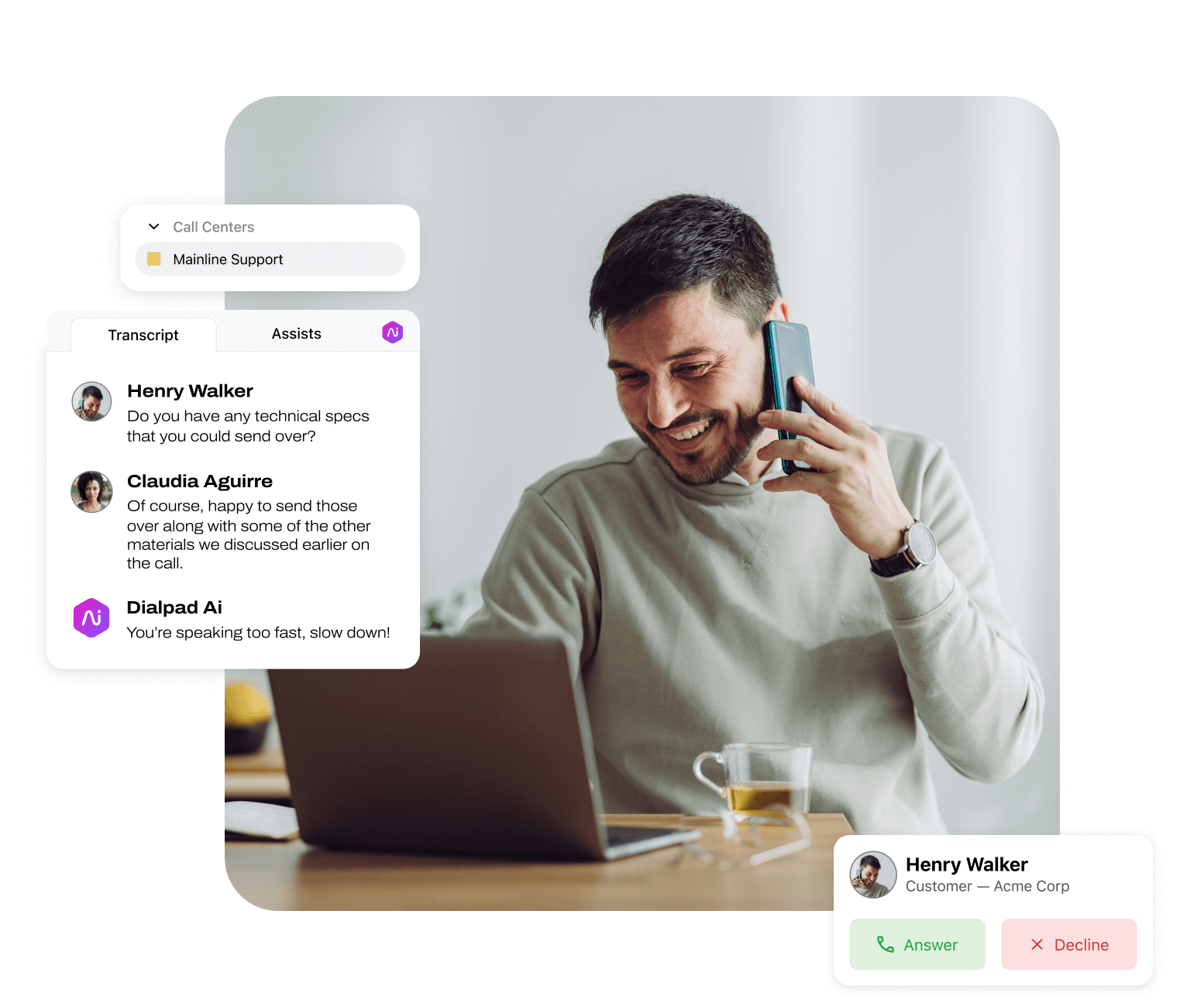 Screenshot of Dialpad Ai transcribing a phone call in real time Dialpad versus Aircall