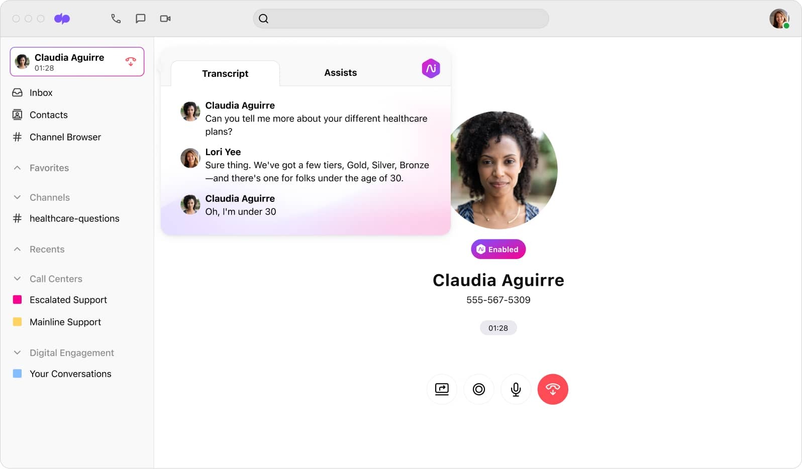 Screenshot of Dialpad Ai transcribing a phone call in real time