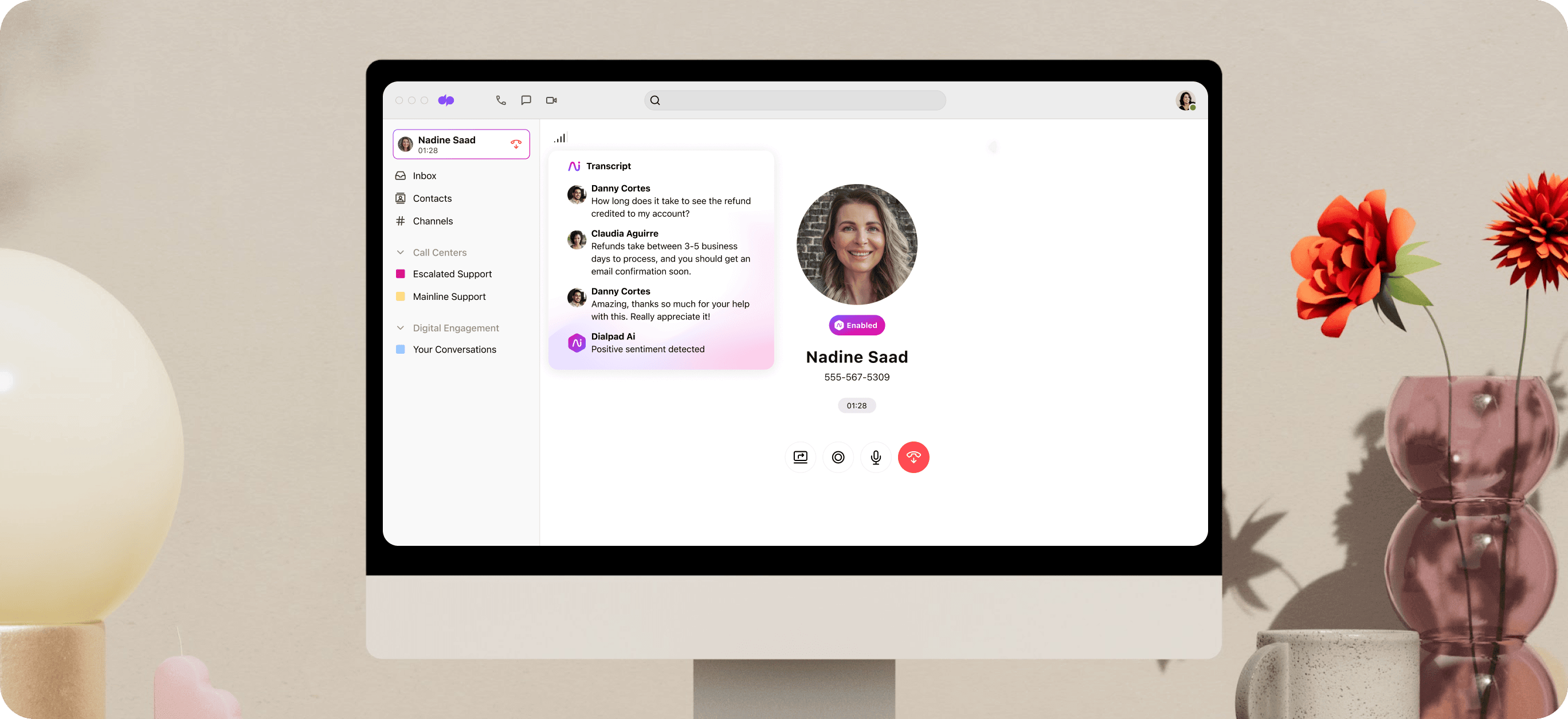 Screenshot of Dialpad Ai transcribing a phone call in real time