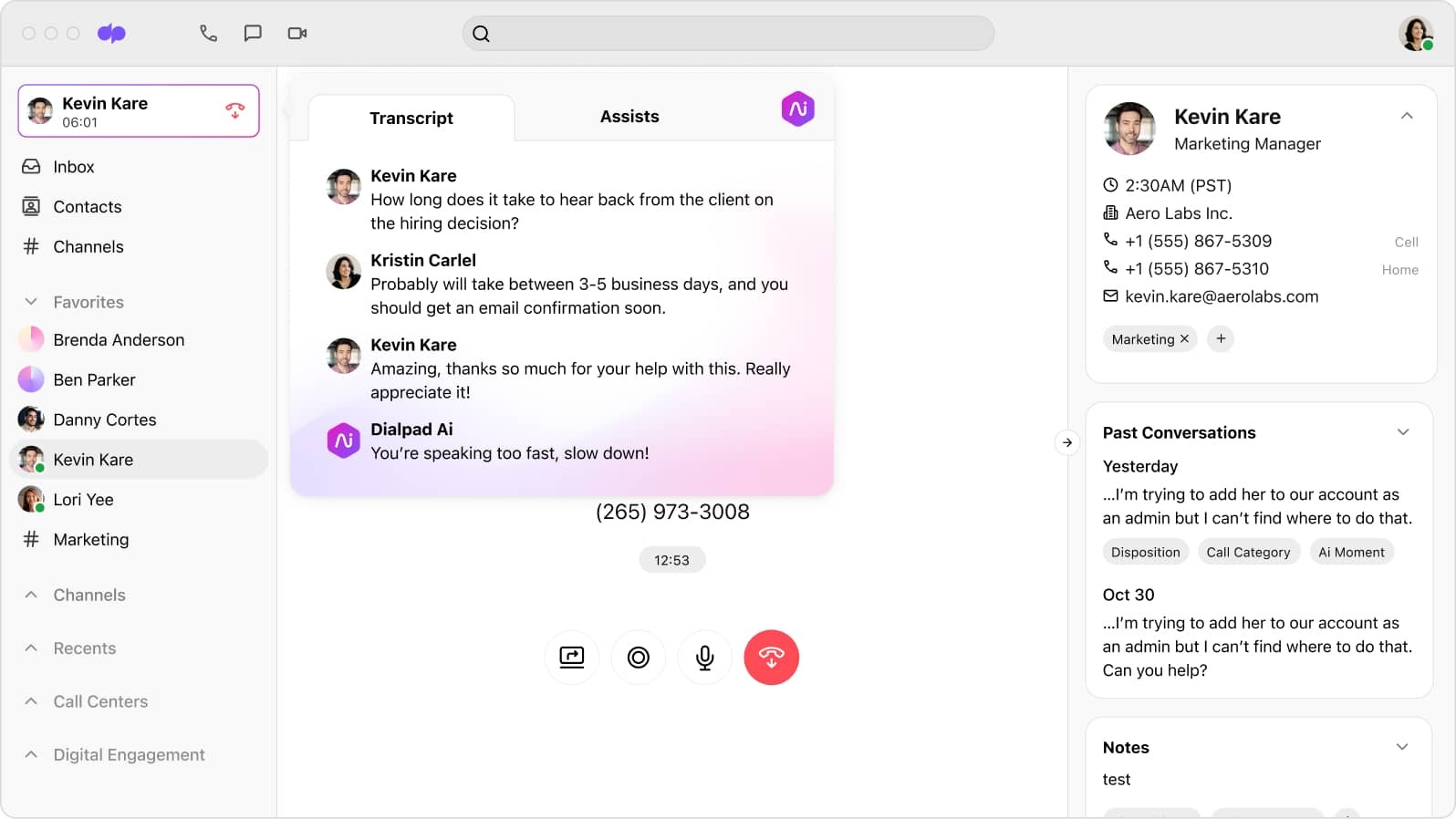 Screenshot of Dialpad Ai transcribing a phone call in real time