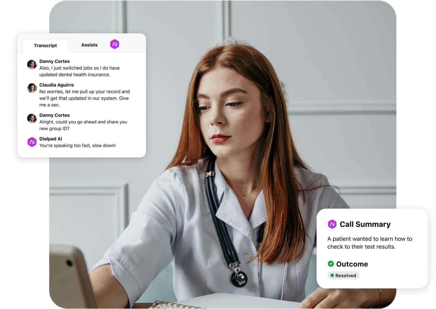 Screenshot of Dialpad Ai transcribing a phone call in real time and Ai generated call summary and outcome