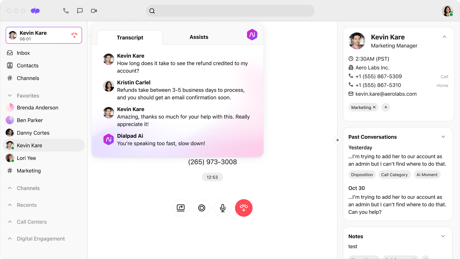 Screenshot of Dialpad Ai transcribing a phone call in real time