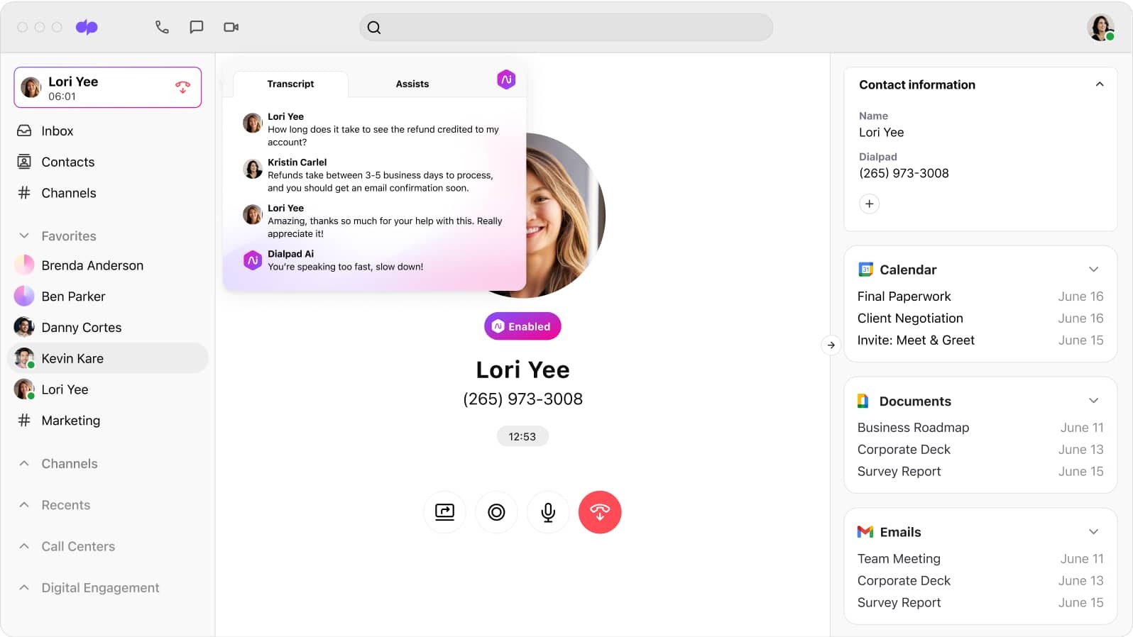 Screenshot of Dialpad Ai transcribing a phone call in real time