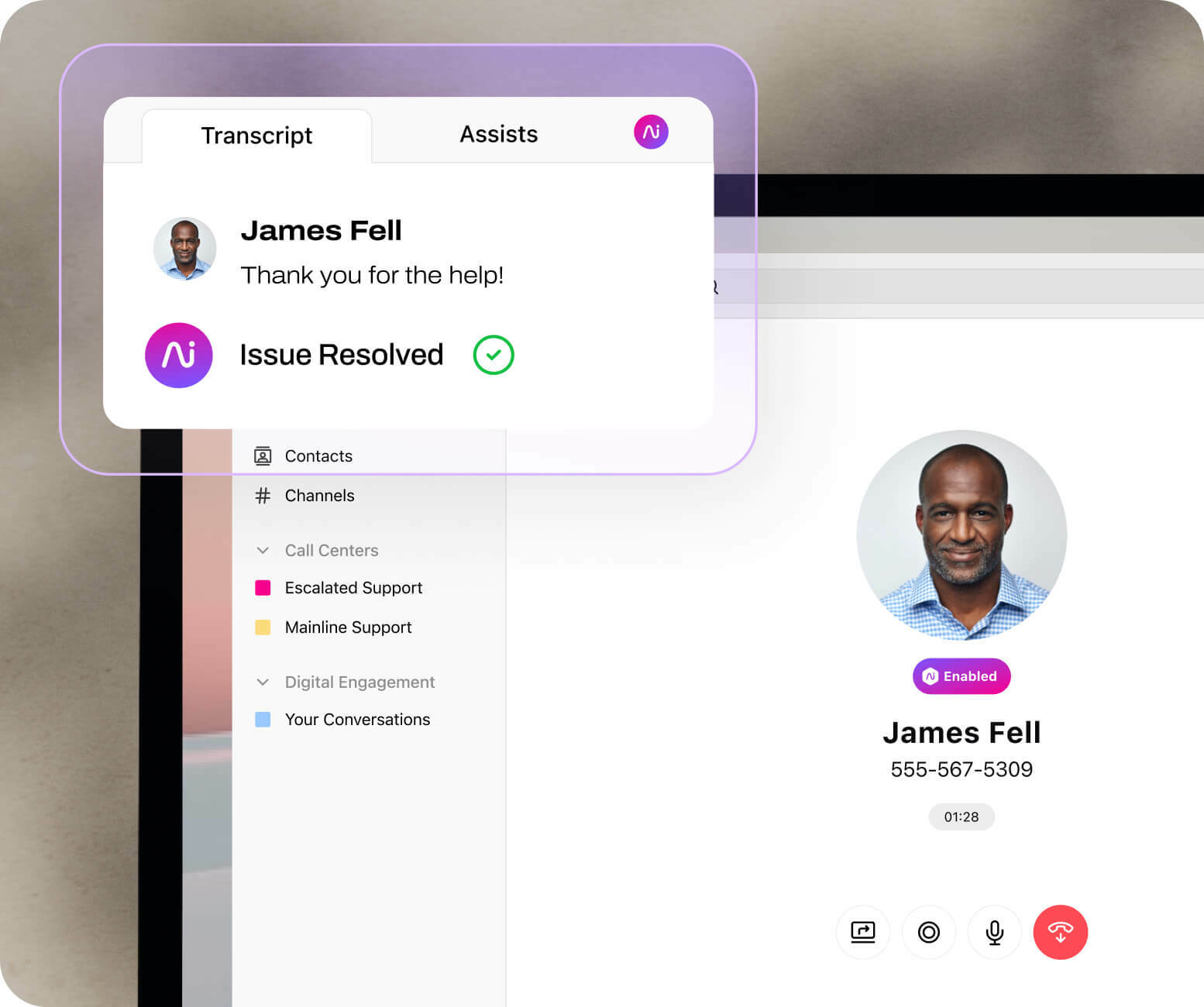 Screenshot of Dialpad Ai transcribing a phone call in real time